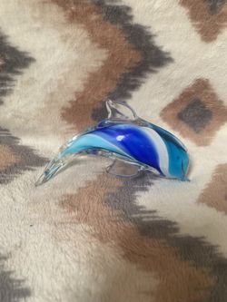 Murano Style Art Glass Dolphin Figurine Paperweight Blue White 5”