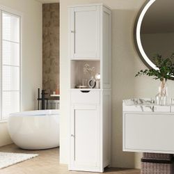 Tall Bathroom Storage Cabinet, Slim Corner Floor Cabinet with Doors and Drawer, Freestanding Narrow Bathroom Organizer with Adjustable Shelves for Sma