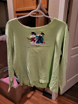 The Quaker Factory Large Green Snowmen Christmas Shirt