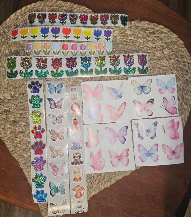 80 Assorted Stickers Tulips Paws Butterflies Animals Glitter 