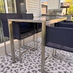 Crate & Barrel | Dune High Top Glass Dining Table Set w/ Navy Blue Cushions (Delivery for fee)