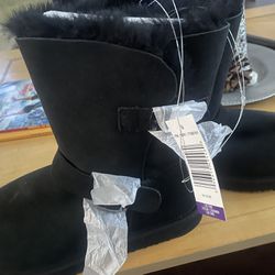 Black Sheepskin Shearling Buckle Fur Lined Winter Boots Women Size 8