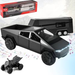 Diecast Pickup Truck with RV Trailer and Motorcycle 1:32 Metal Model with Sound and Light - Black
