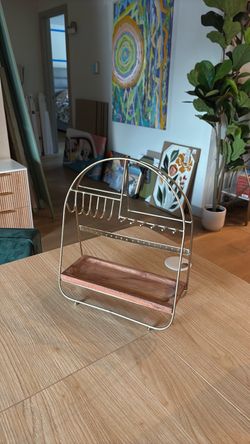 Gold Metal Jewelry Organizer Stand with Wood Tray