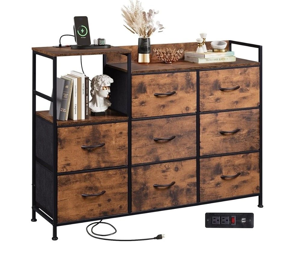 Dresser TV Stand for Bedroom with Charging Station, Wide Storage Chest of Drawers with 8 Large Fabric Drawers and Open Shelves, Storage Organize