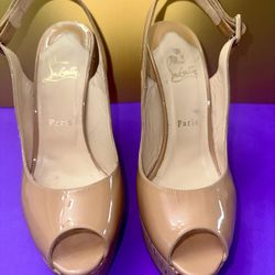 GUC CHRISTIAN LOUBOUTIN UNE PLUME SLING 120 PATENT CORK WEDGE SANDALS - SIZE 38