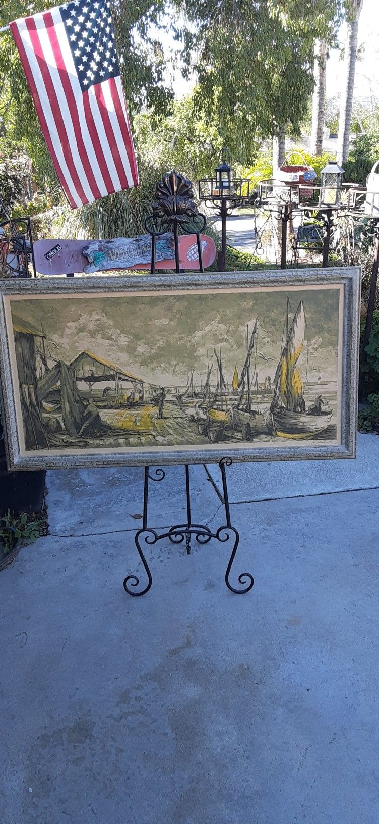 Large Vintage Framed Fishing Village Serigraph Signed Warren Woodward
