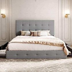 Queen Size Upholstered Platform Bed Frame with 4 Drawers Storage ,Light Grey (944-2)