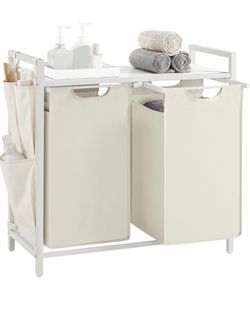 Laundry Hamper, 2 Pull-Out Bags, Shelf, 2 x 12.1 Gallons (46L) Laundry Basket, Metal Frame, 28.7 x 13 x 28.3 Inches, White, BRENTA Collection UBLH201W