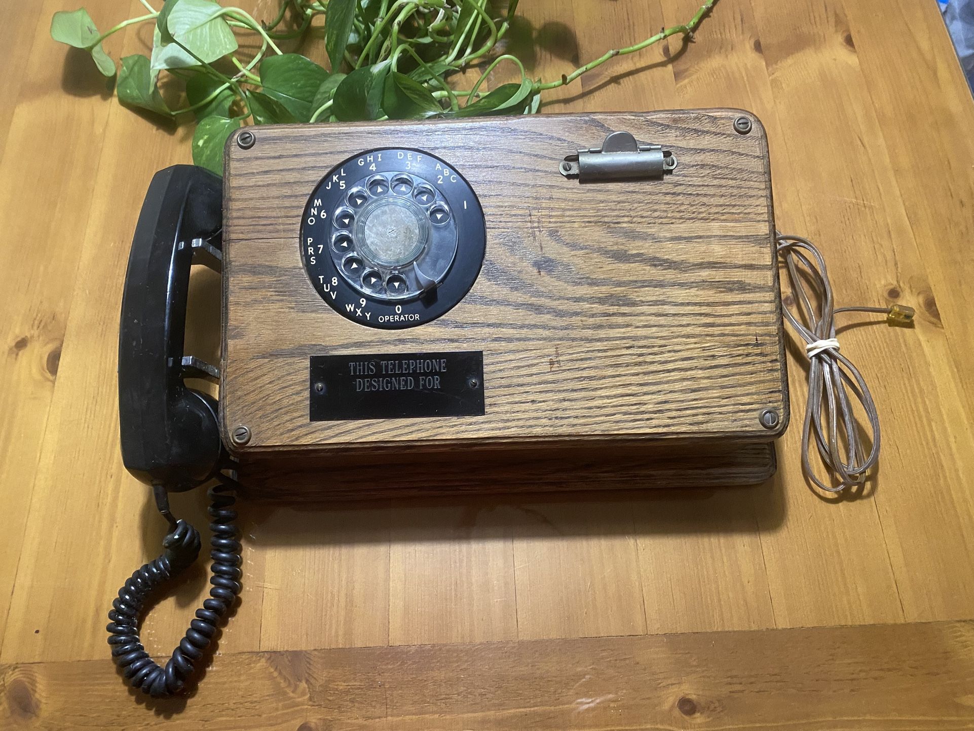 Antique Telephone- Solid Wood Desk Telephone With Rotary Dial. Engraved Name Plate & Clip Board. 