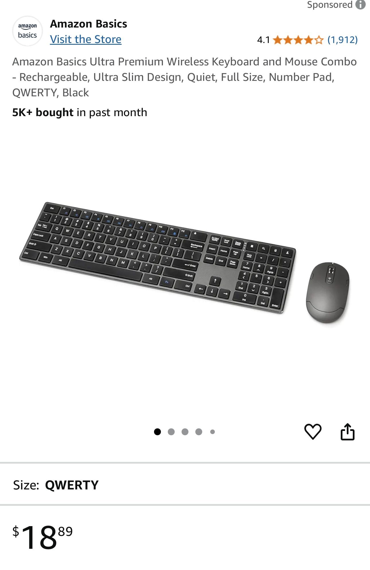 Amazon Basics Ultra Premium Wireless Keyboard and Mouse Combo - Rechargeable, Ultra Slim Design, Quiet, Full Size, Number Pad,