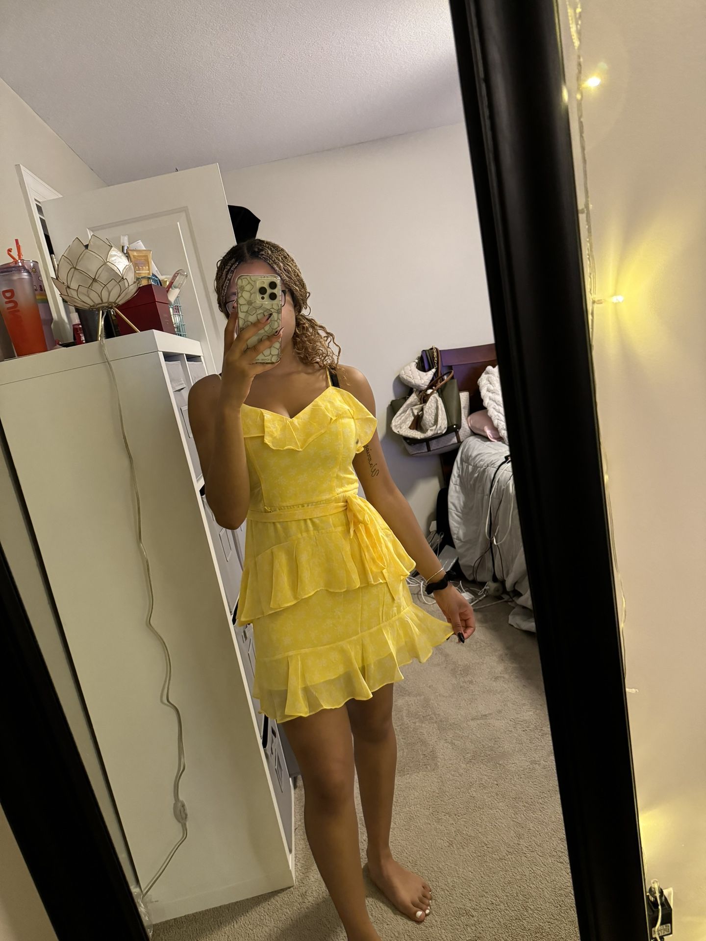 Juniors Yellow And White Floral Ruffle Spaghetti Strap Dress