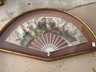 Antique European Hand-Painted Folding Fan in Ornate Gilt Frame