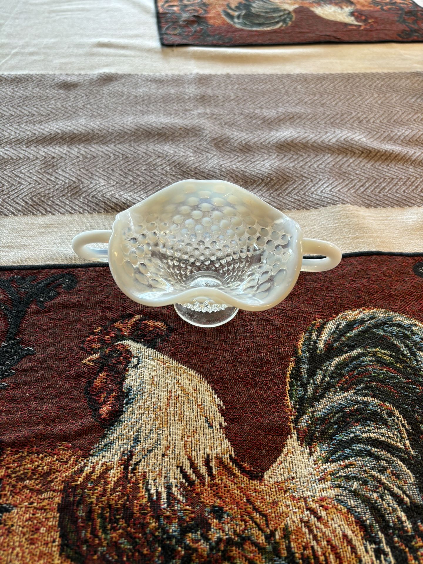 Vintage Moonstone Opalescent Clear Hobnail Ruffled Dish