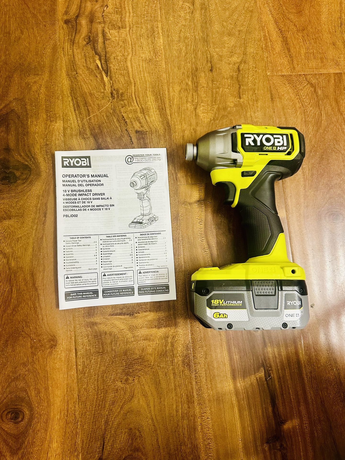 RYOBI Model PBLID02 Brushless 4-Mode 1/4" Impact Driver & 6.0 Ah HIGH PERFORMANCE Battery $155/both