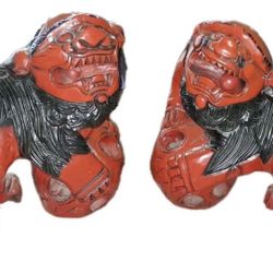 Vintage Japanese Shisa Guardian Lion Foo Dog Statues Pair Red Black Wood 16”X15”
