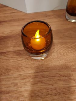 Set Of 3 Crate&Barrel Amber Colored Heavy Glass Votive Tea Light Candle Holder