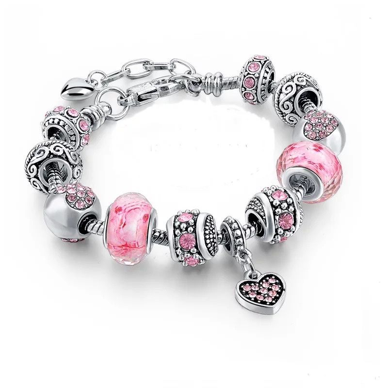 Silver Charm Bracelet With Crystal Decorated Heart Pendant Ladies Luxury Jewelry