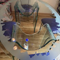 Foxfire Original Glass Dining Table W/ 4 Silver Chairs W/Purple Ultra Suede On Seats And Backs 