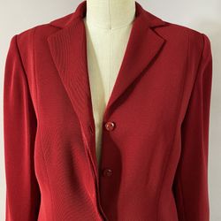 Vintage Travis Ayers deep red suit with a side slit pencil skirt. 