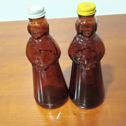 2 Vintage Amber Mrs. Butterworth  10 Inch Bottle With Cap