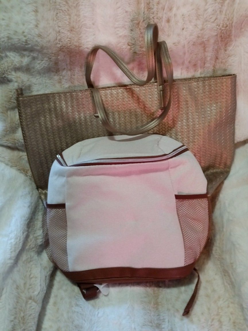 Gold Beach Bag And Medium Cooler Backpack