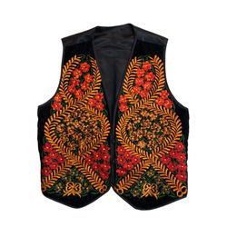 Women Black Embroidered Velvet Open Vest Red Floral Bali Boho Festival Guatemala  22” shoulder to bottom side 20” across underarms  Interior pocket
