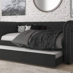 DARK GRAY FABRIC TWIN SIZE DAYBED SOFA TRUNDLE CHESTERFIELD STYLE INSPIRED - SILLON CAMA