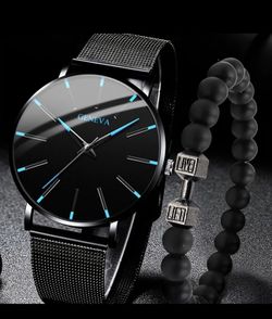 2pcs Men's Casual Graduated Mesh Strap Quartz Watch And Bracelet Set