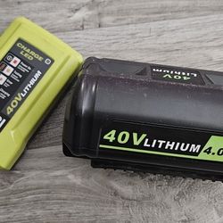 Ryobi 40V Lithium Battery and Charger *NEEDS CORD*
