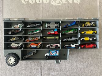 44 Pc Used Modern Matchbox Hotwheels Die Cast Toy Car Lot w/ Transport Trailer Case Set