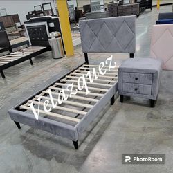 ✅️✅️Gray velvet fabric upholstered twin bed frame set Diamond pattern tufted headboard(Mattres & night stand not included)✅️