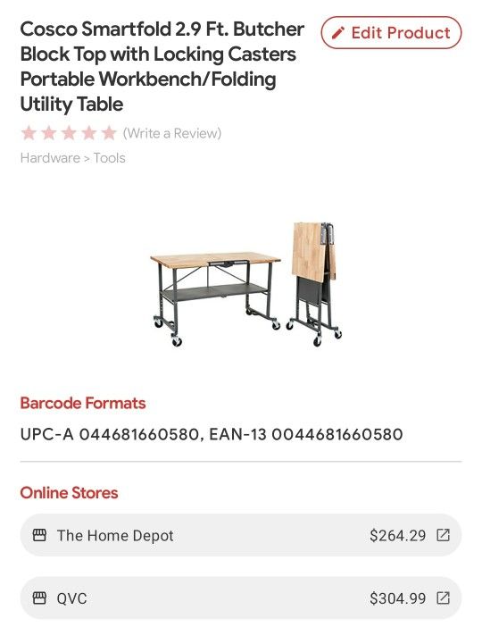 Cosco Smartfold 2.9 Ft. Butcher Block Top with Locking Casters Portable Workbench/Folding Utility Table