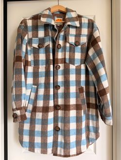 🍁🧥 C&C California Long Warm Brown White Blue Checkered Soft Shacket Coat Jacket with Pockets
