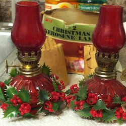 Vintage Pair of Mini Red Christmas Kerosene Lamps w/ Xmas Holly w/ Box