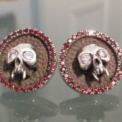 Custom 925 Silver, Diamond and Garnet Skull Earrings