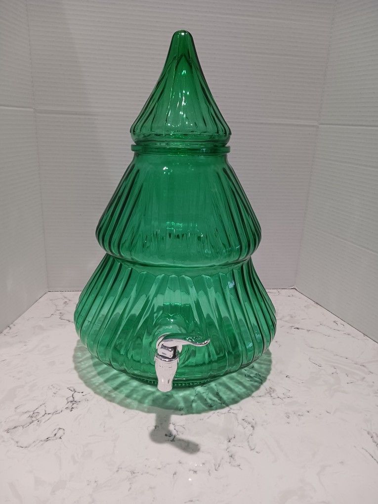 "Holiday Time" Green Glass Christmas Tree Beverage Dispenser 