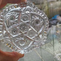 Antique Crystal Hand Cut candy nut dish Low Bowl, American Brilliant Period Made by J Hoare