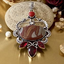 Norina Jasper And Garnet 925 Sterling Silver Overlay Pendant
