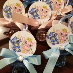 Stitch and Angel Gender Reveal Pacifiers Guest Favor Necklaces