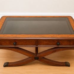 Elegant, Traditional Coffee Table With Glass Top And Storage Drawers