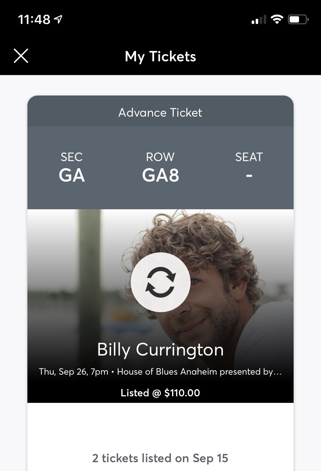 Billy Currington Tickets price is for 2 tix
