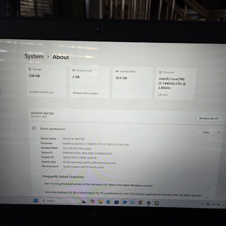 Dell precision 3520 15.6 In Touch Screen Laptop