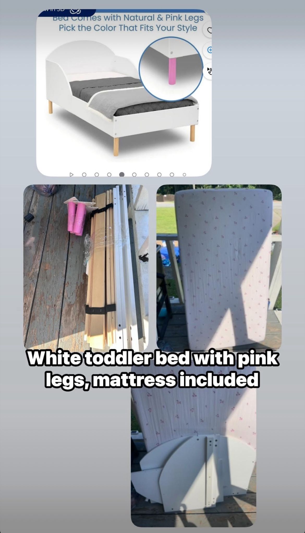 White Wooden Toddler Bed - Pink Legs
