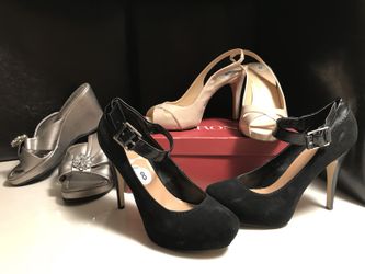 Lot of 3: Guess Nude Sling back pumps, Mary Janes, silver wedges - size 8