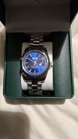 Silver Watch with Blue Dial and Date Window