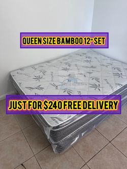 Queen mattress pillow top set with box spring (2pc - new)