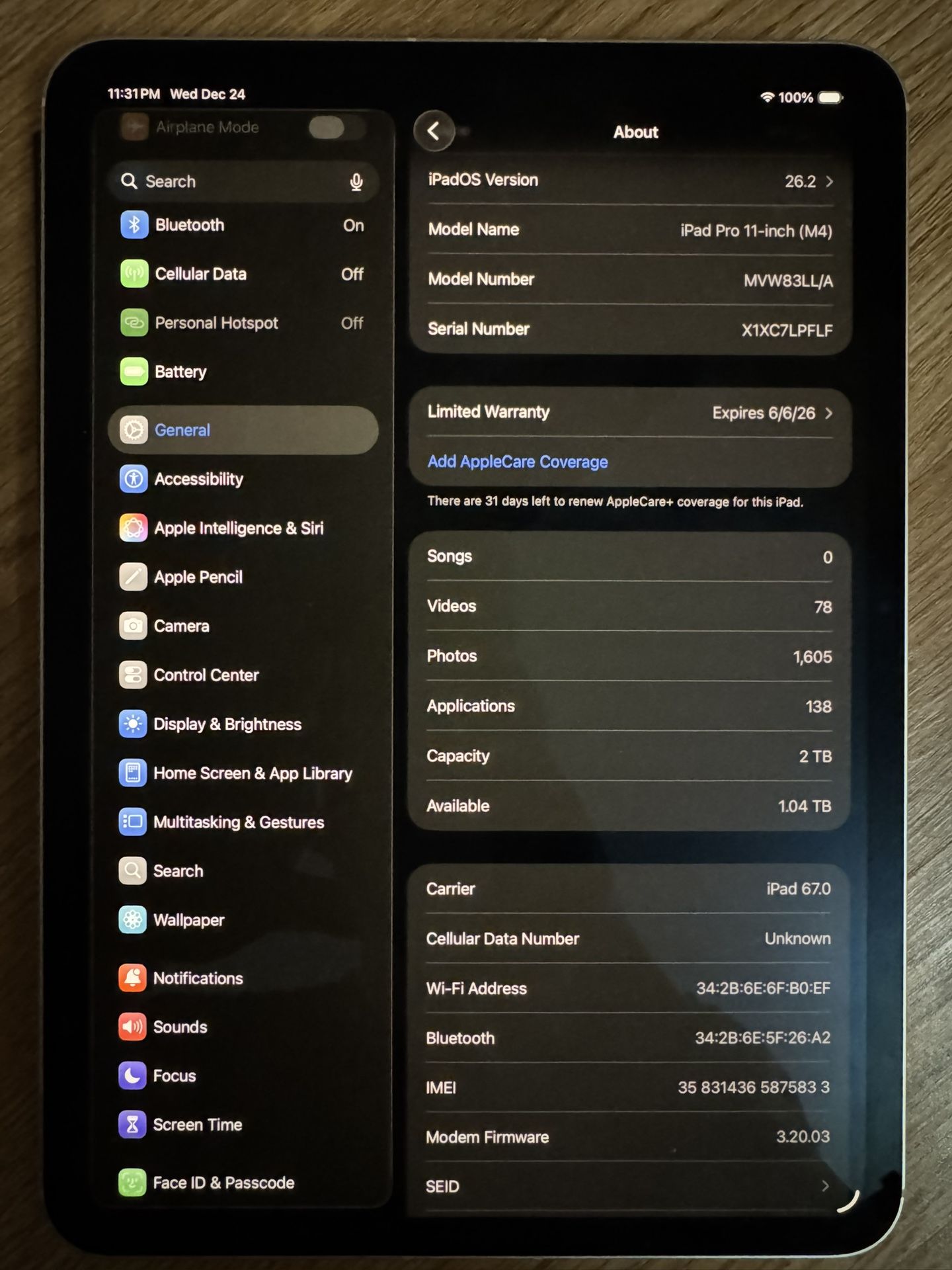 iPad Pro M4 2TB Cellular 11”