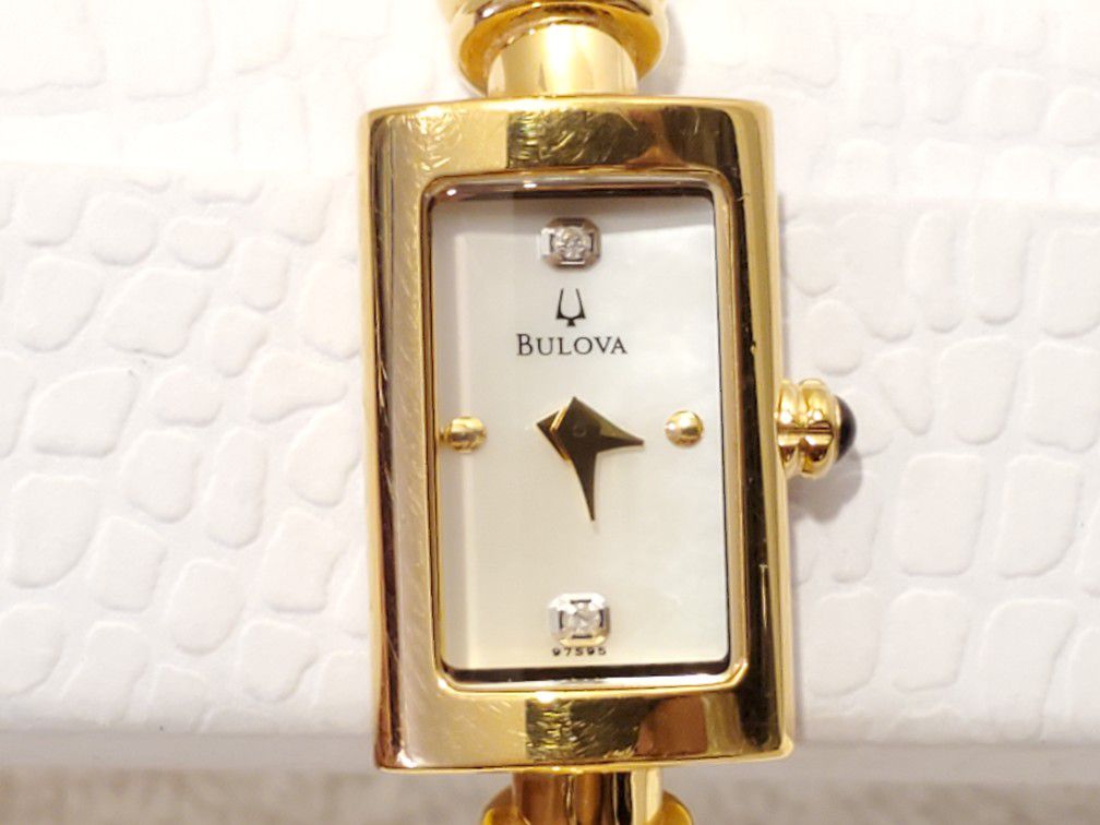 Vintage Bulova Women's Quartz Watch Gold Plated Mother Pearl Dial Two Diamonds