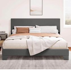 Full Size Platform Bed Frame with Clean Line Fabric & Adjustable Headboard, Wood Slats Support, No B